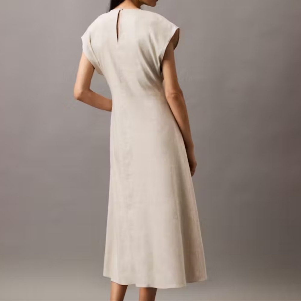 New Calvin Klein Linen Stretch Elegant Cream Midi Dress Large - Picture 2 of 13